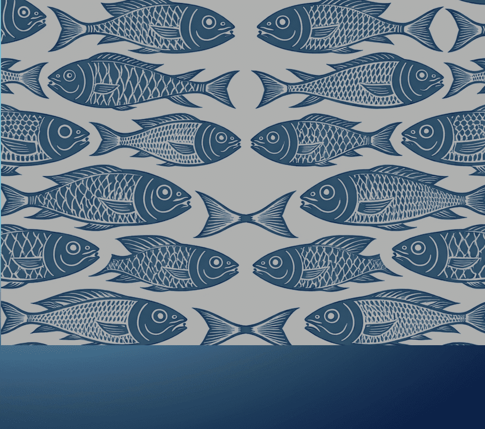 Seamless pattern of blue fish on a gray background.