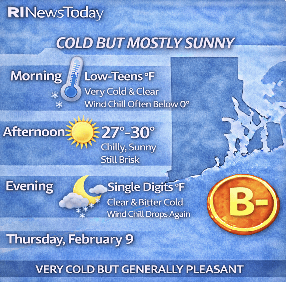 Weather forecast for Wednesday: cold but mostly sunny with highs of 27-30°F.