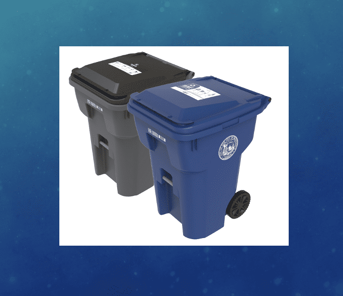 Two wheeled trash bins, one black and one blue, for waste and recycling.
