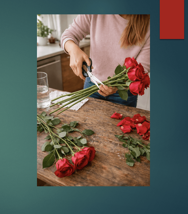 Person trimming rose stems on a wooden table.