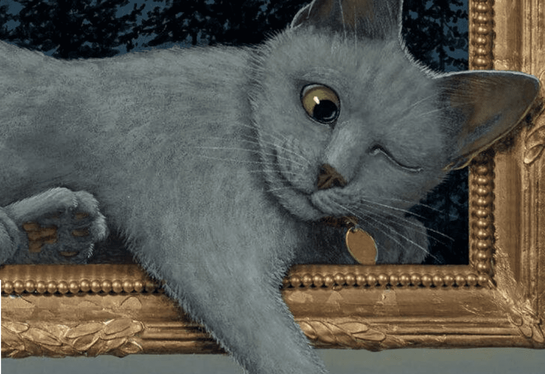 A gray cat with one eye closed lying on a ledge.