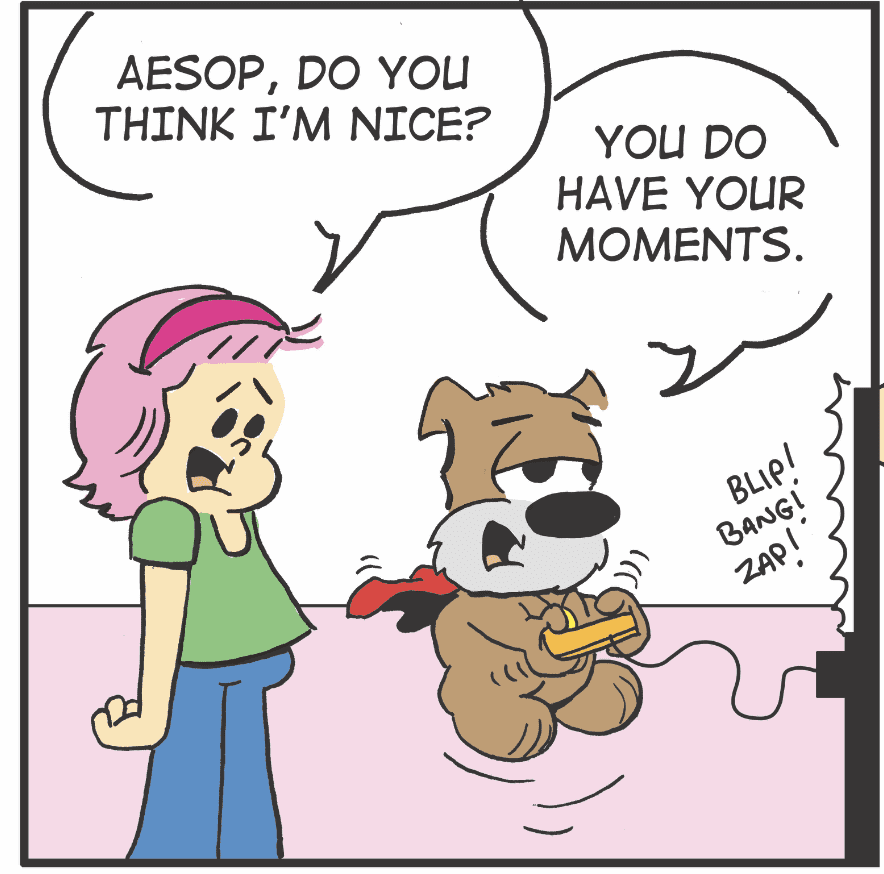 A girl and dog chat about kindness and moments together.