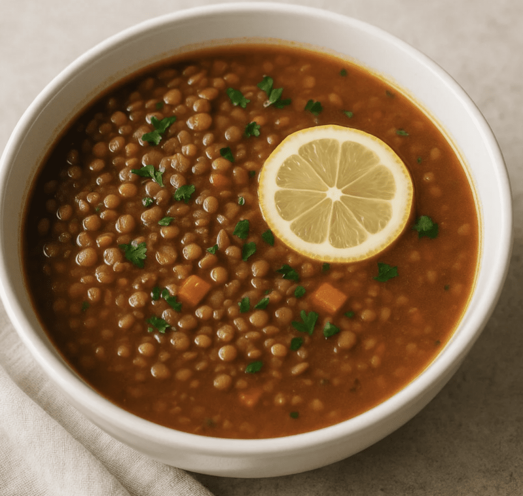 Bowl of lentil soup garnished with herbs and a lemon slice.