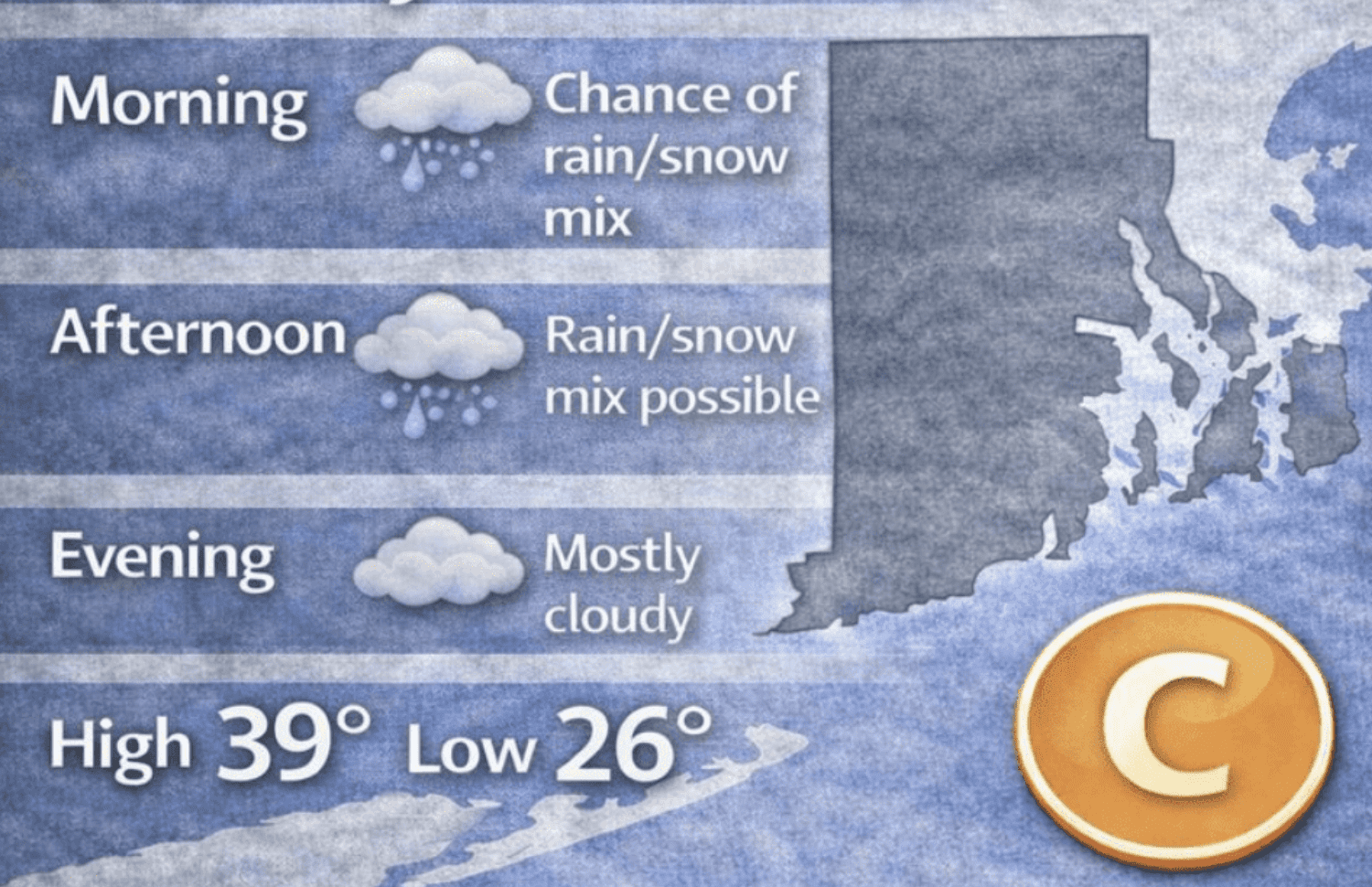 Weather forecast showing rain, snow mix, and cloudy skies with temperatures from 26°F to 39°F.