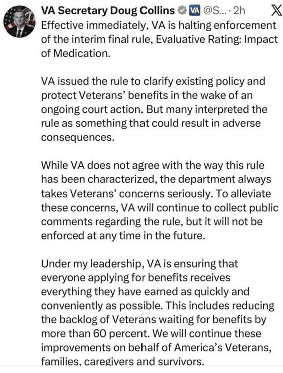 Text about VA policy on medication and Veterans' benefits.