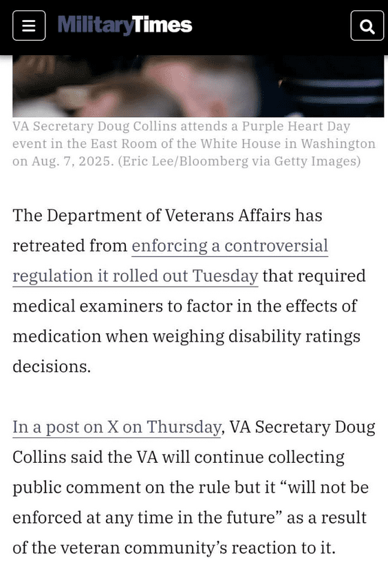 VA retreats from enforcing medication regulation for veterans after public outcry.
