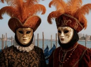 Two people in ornate Venetian carnival masks and costumes.
