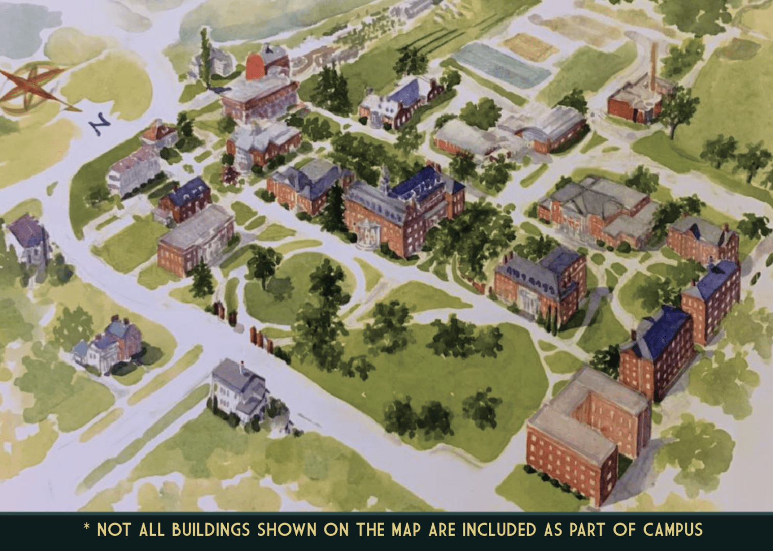 A detailed aerial illustration of a historic campus with multiple buildings and green spaces.