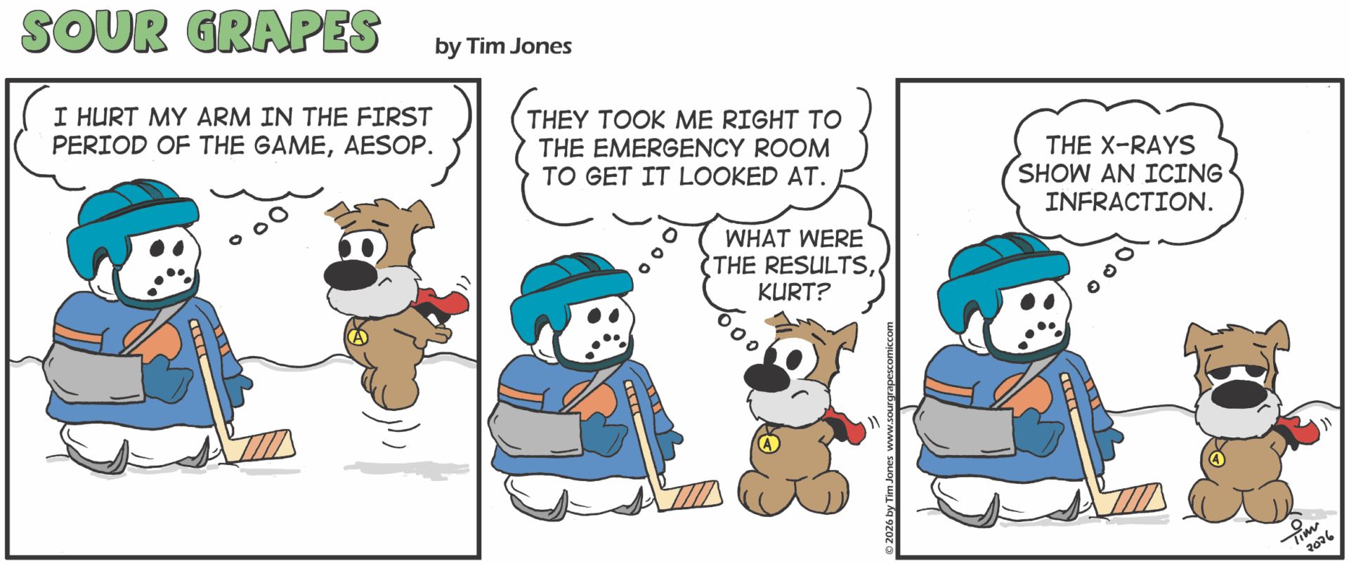 Two dogs discuss a medical emergency and test results.