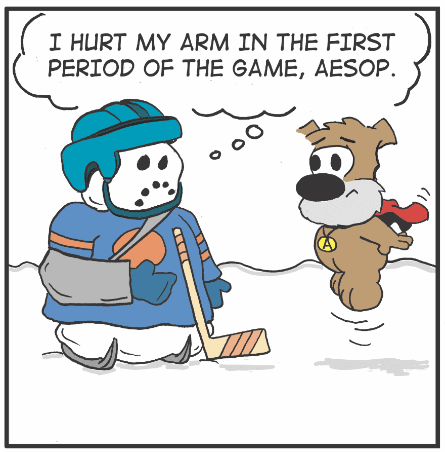 A hockey player tells his dog he hurt his arm during the game.