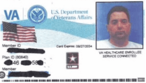 U.S. Department of Veterans Affairs ID card with American flag background.