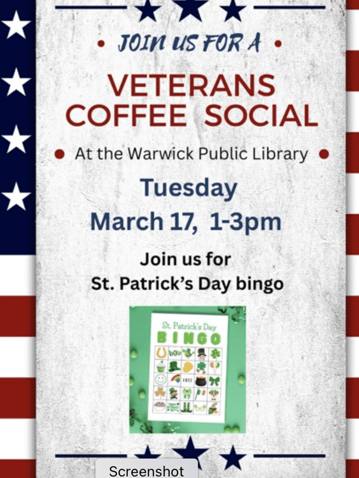 Veterans Coffee Social at Warwick Public Library on March 17, 1-3pm.