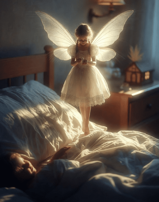 A child dressed as a glowing fairy hovers over a sleeping person.