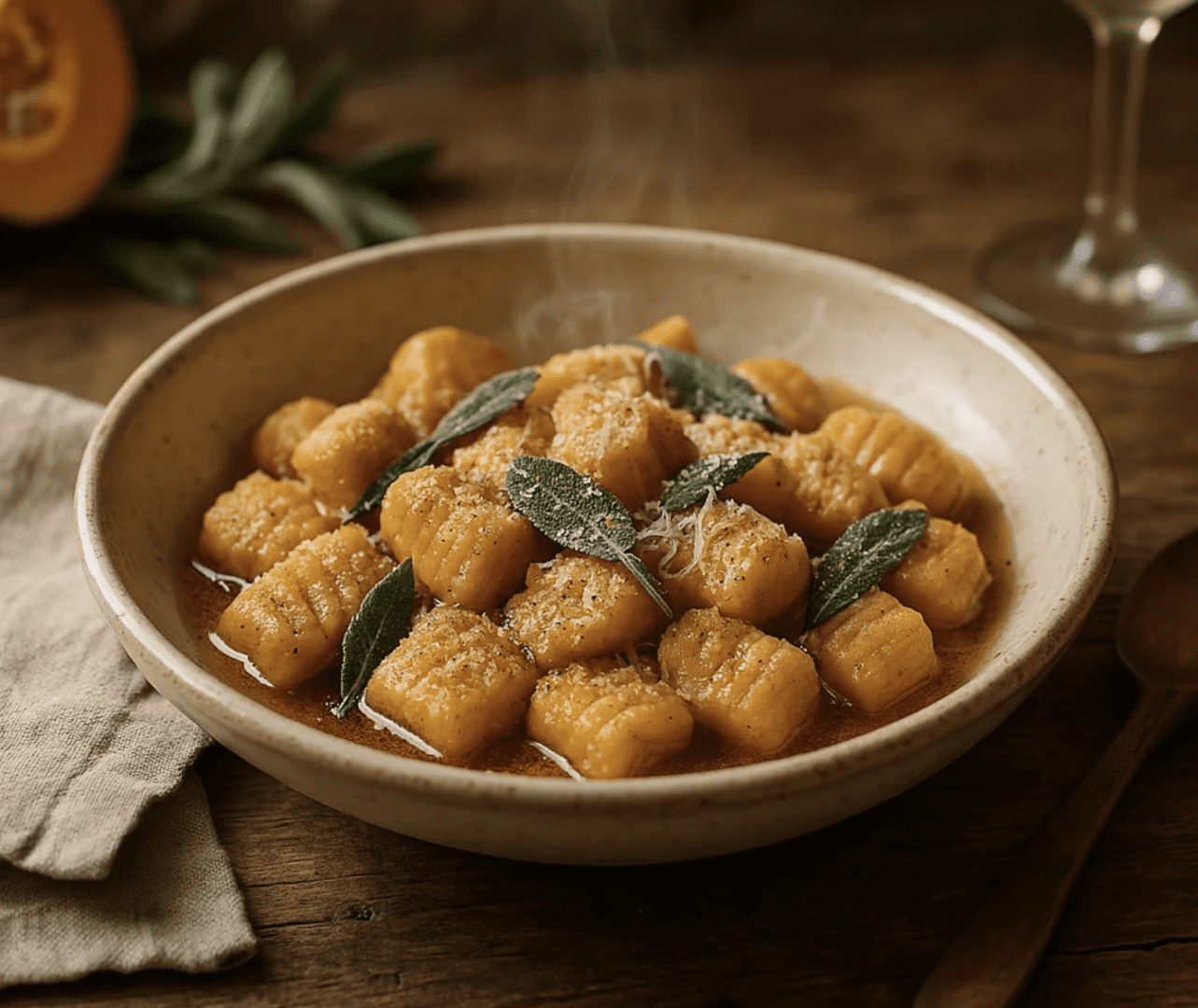 A bowl of golden brown gnocchi with sage leaves.