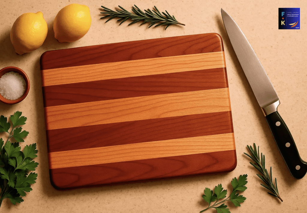 Wooden cutting board with striped design on a kitchen counter.