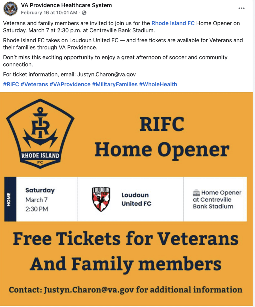 RIFC Home Opener with free tickets for veterans and families on March 7.