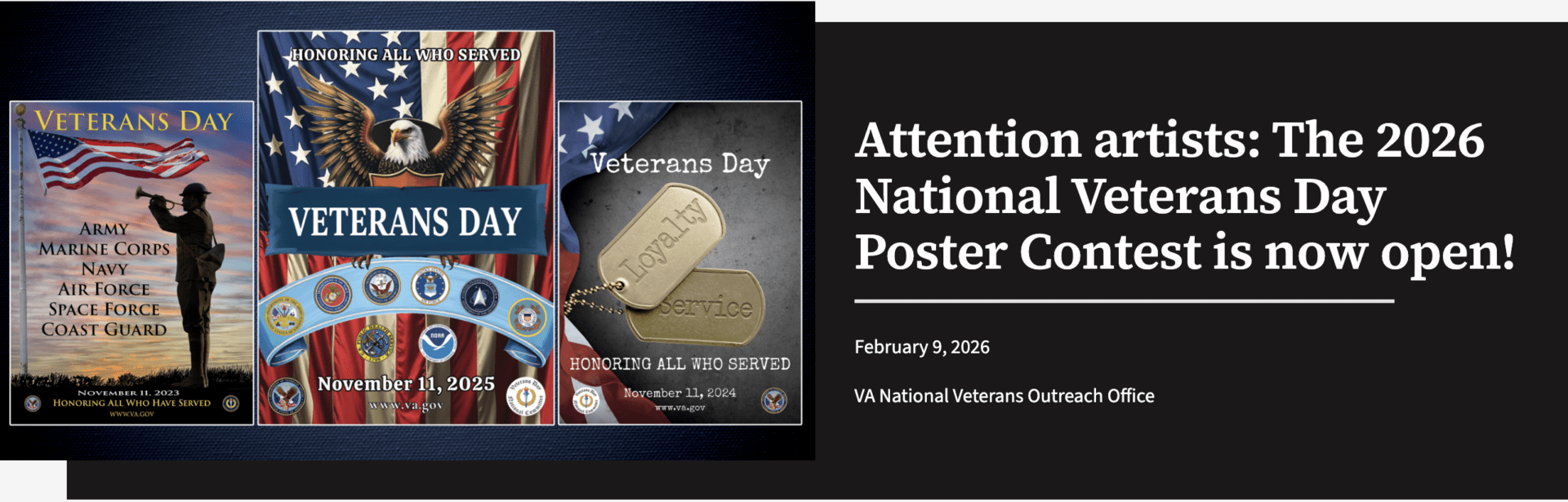 Veterans Day poster honoring service from 1775 to 2023 with a U.S. flag and dog tags.