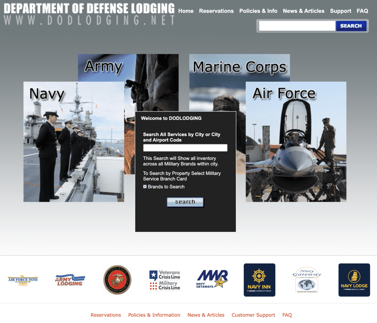 U.S. Department of Defense Lodging website showcasing Navy, Marine Corps, and Air Force accommodations.