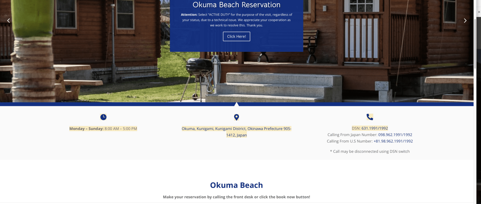 Okuma Beach reservation sign with picnic table and restroom in background.