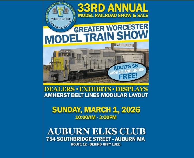 Advertisement for the 33rd Annual Greater Worcester Model Train Show in Auburn, Massachusetts.