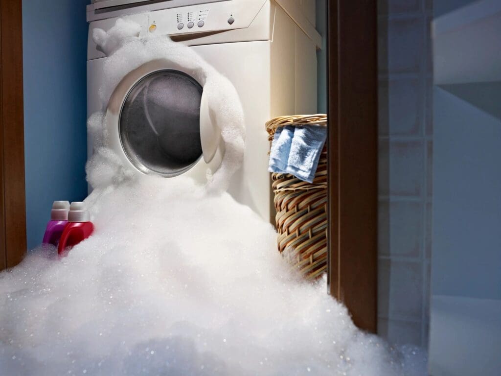 Washing machine overflowing with foam in a laundry room.