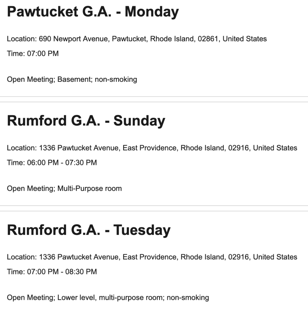 Schedule for Pawtucket and Rumford G.A. with days and hours.
