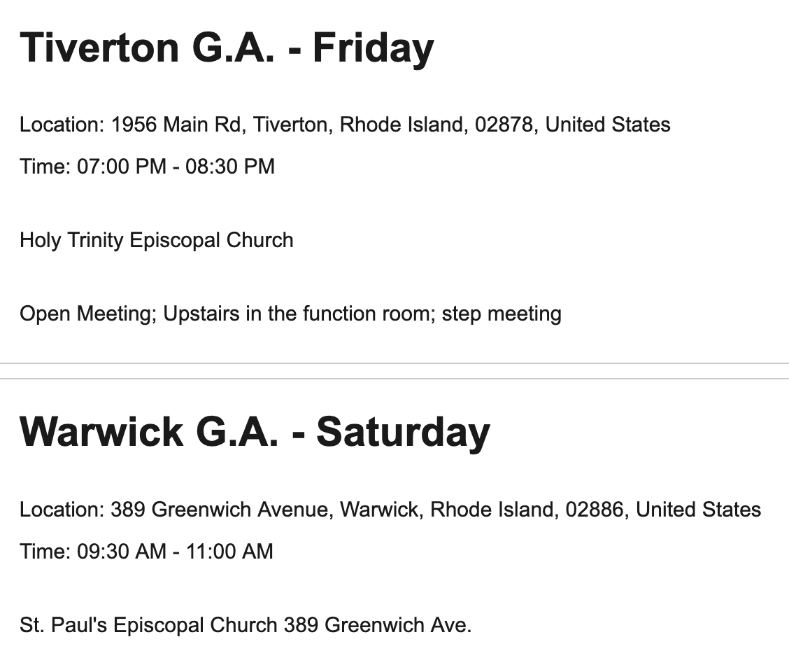 Event schedule listing locations and times for Tiverton and Warwick G.A. meetings.