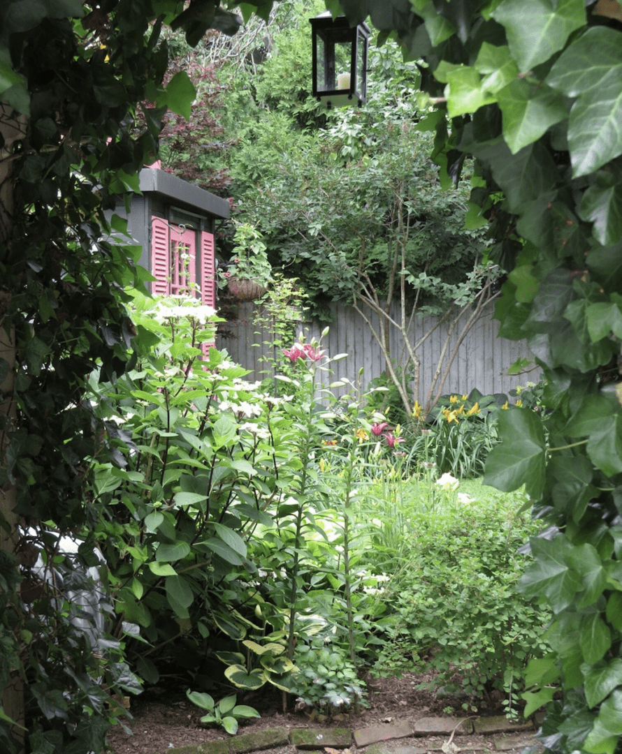 Lush green garden framed by an arched leafy trellis.