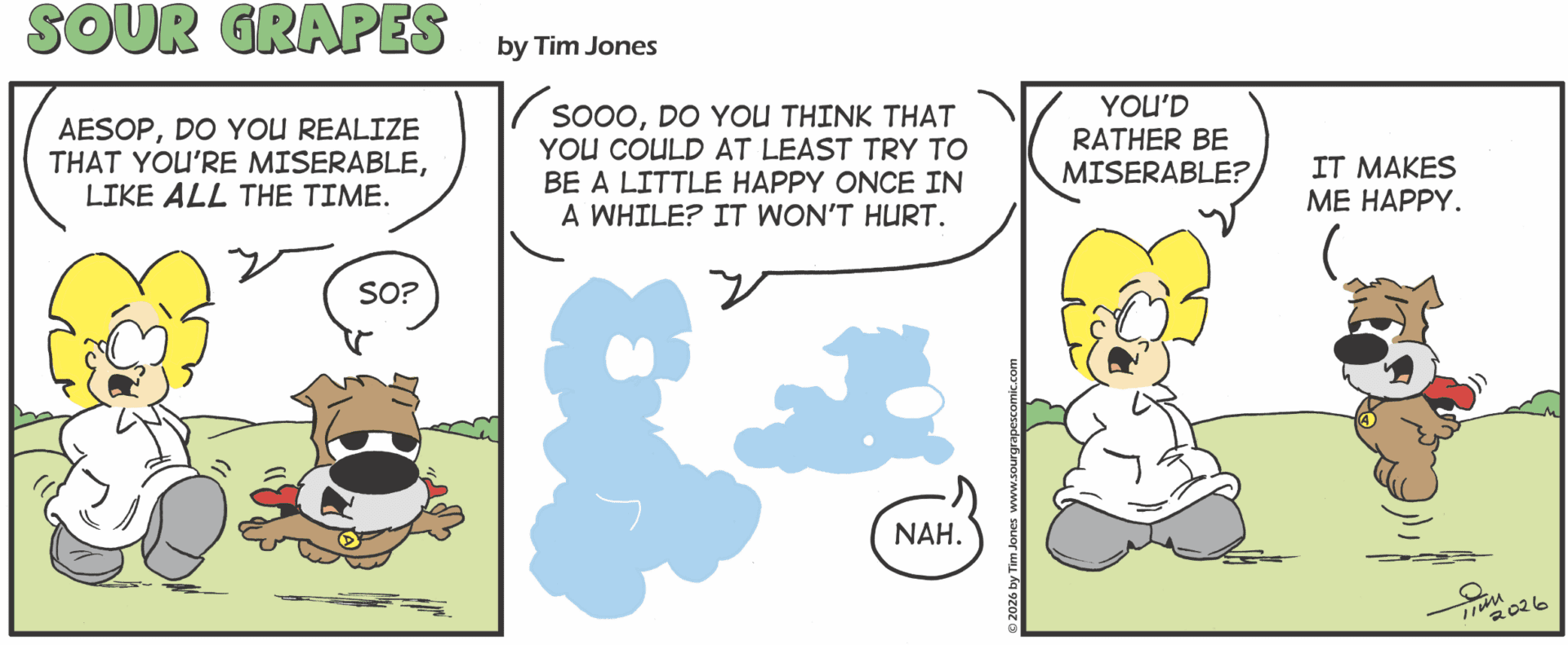 Comic strip with two characters, one asking the other to try being happy.