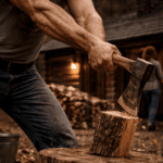 Muscular man chopping wood outside a rustic cabin, his arms in motion with an axe, while a woman walks away toward the cabin in the background