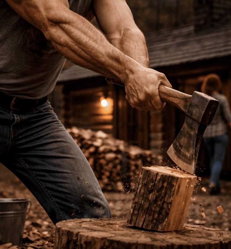 Muscular man chopping wood outside a rustic cabin, his arms in motion with an axe, while a woman walks away toward the cabin in the background