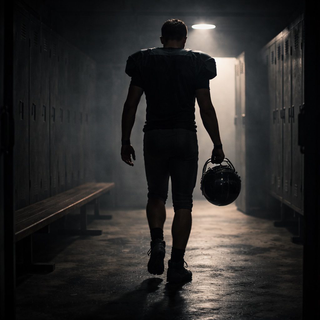 A lone football player walks out of a dark locker room holding a helmet, symbolizing the Smithfield High School football hazing and antisemitism case.