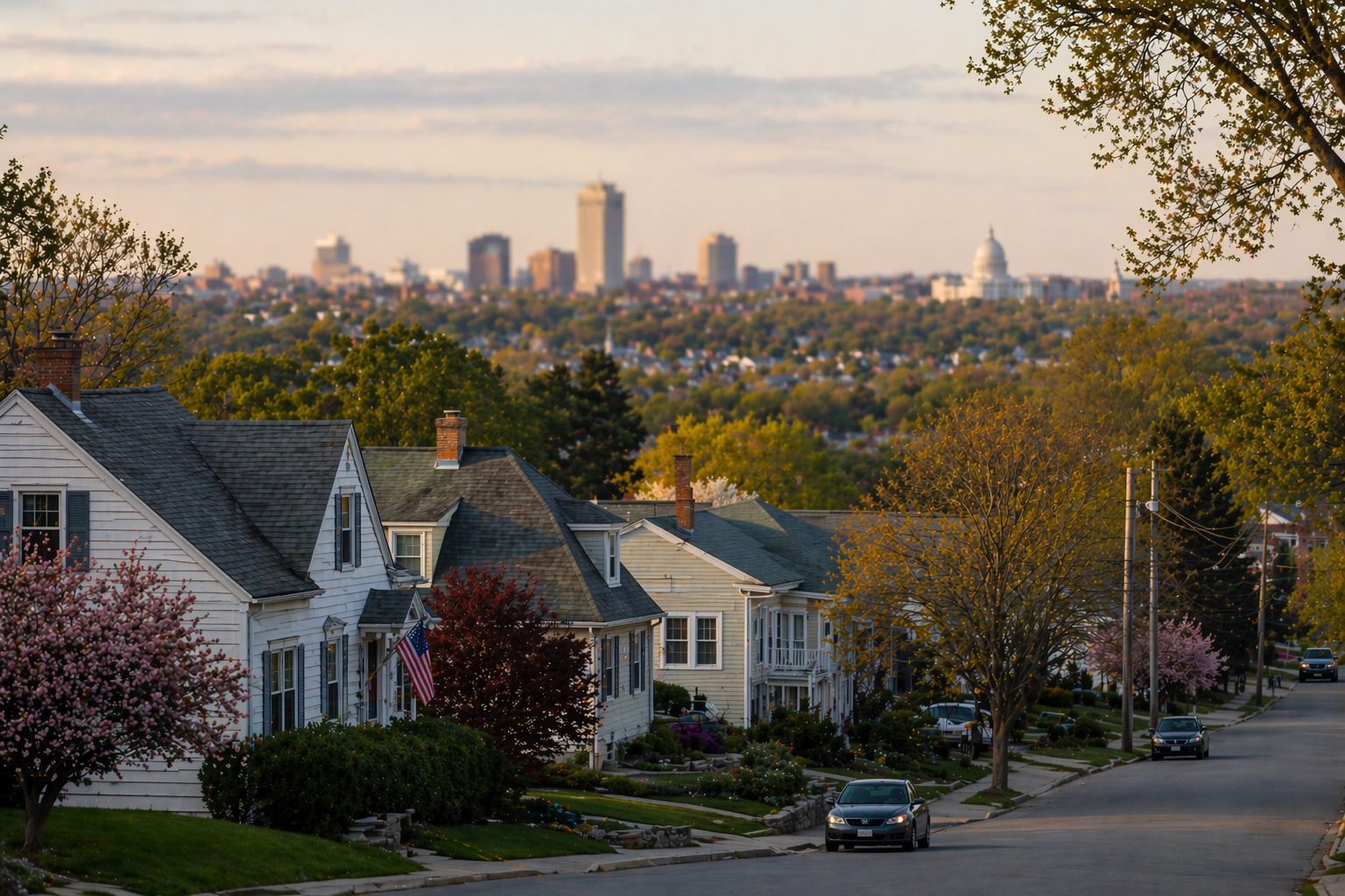Cranston neighborhood with Providence skyline and Rhode Island State House in the distance