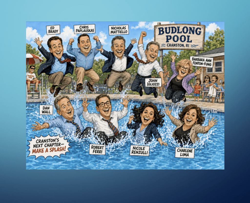 Editorial cartoon showing possible Cranston mayoral contenders jumping into Budlong Pool in street clothes, with a sign reading Budlong Pool, Cranston, RI.