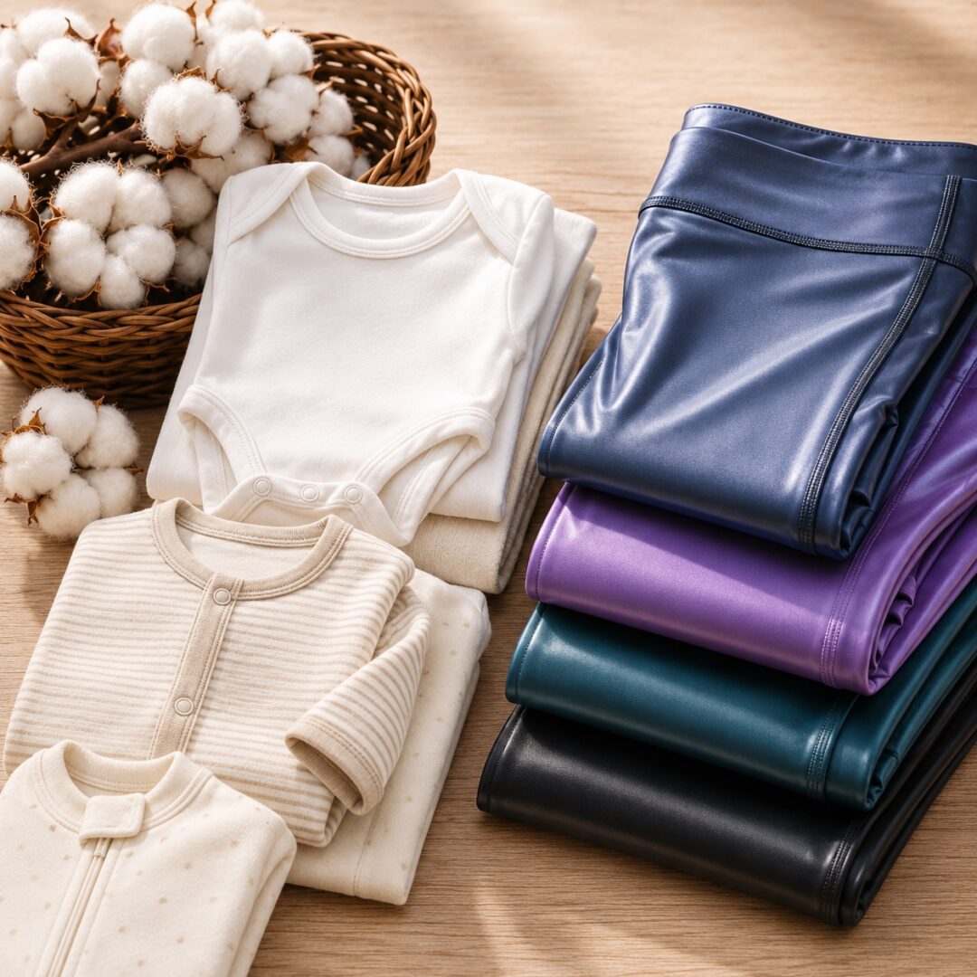 Folded cotton clothing beside synthetic stretch fabric, representing the shift from natural fibers to plastic-based textiles.
