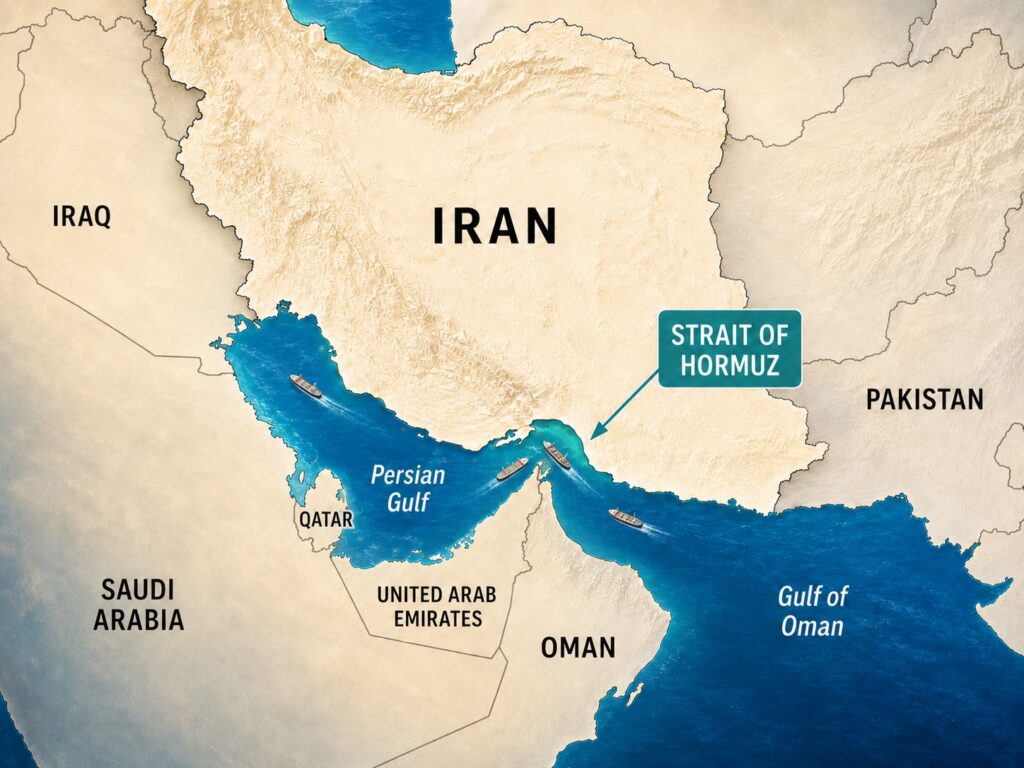Map of Iran and the Strait of Hormuz, one of the world’s most important shipping routes.