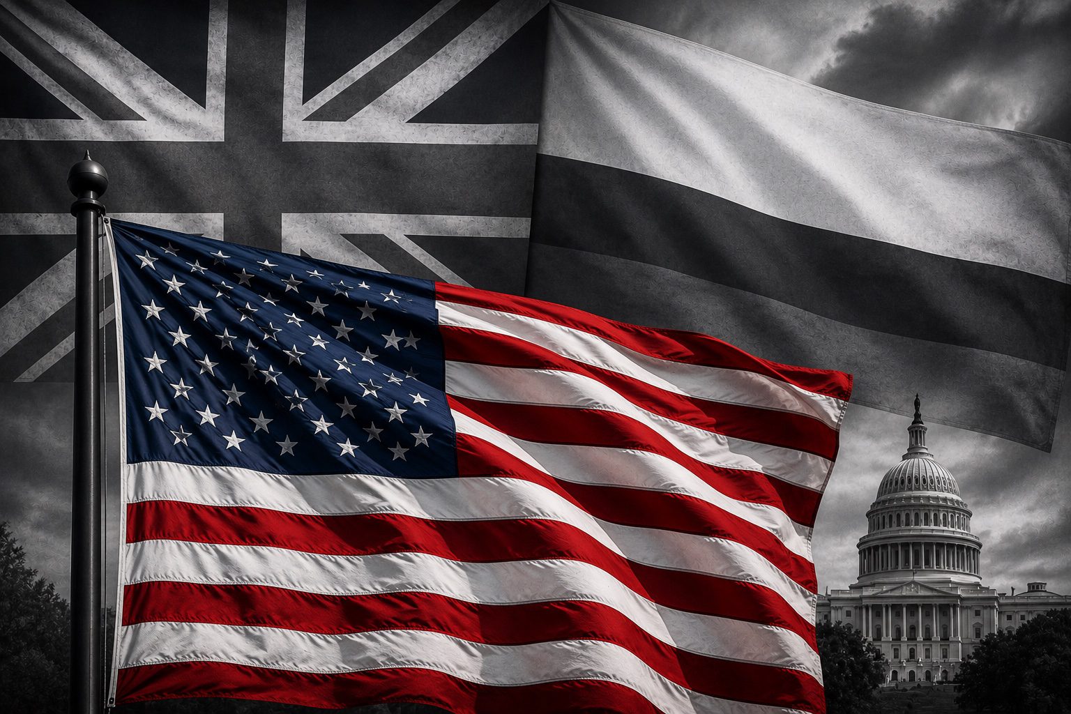 Color U.S. flag in foreground with black and white British and Colombian flags in the background near the U.S. Capitol.