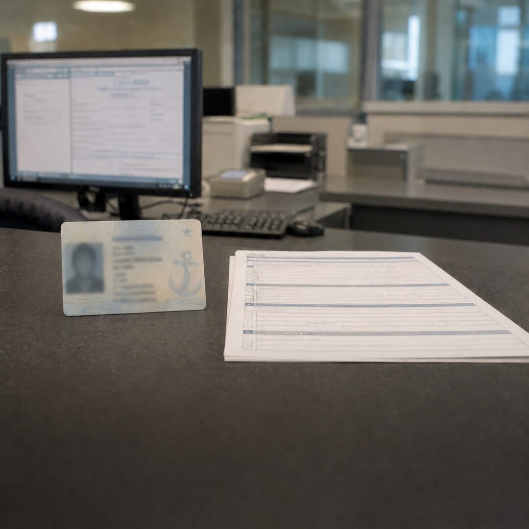 Rhode Island driver’s license and DMV application on a government-office counter beside a computer