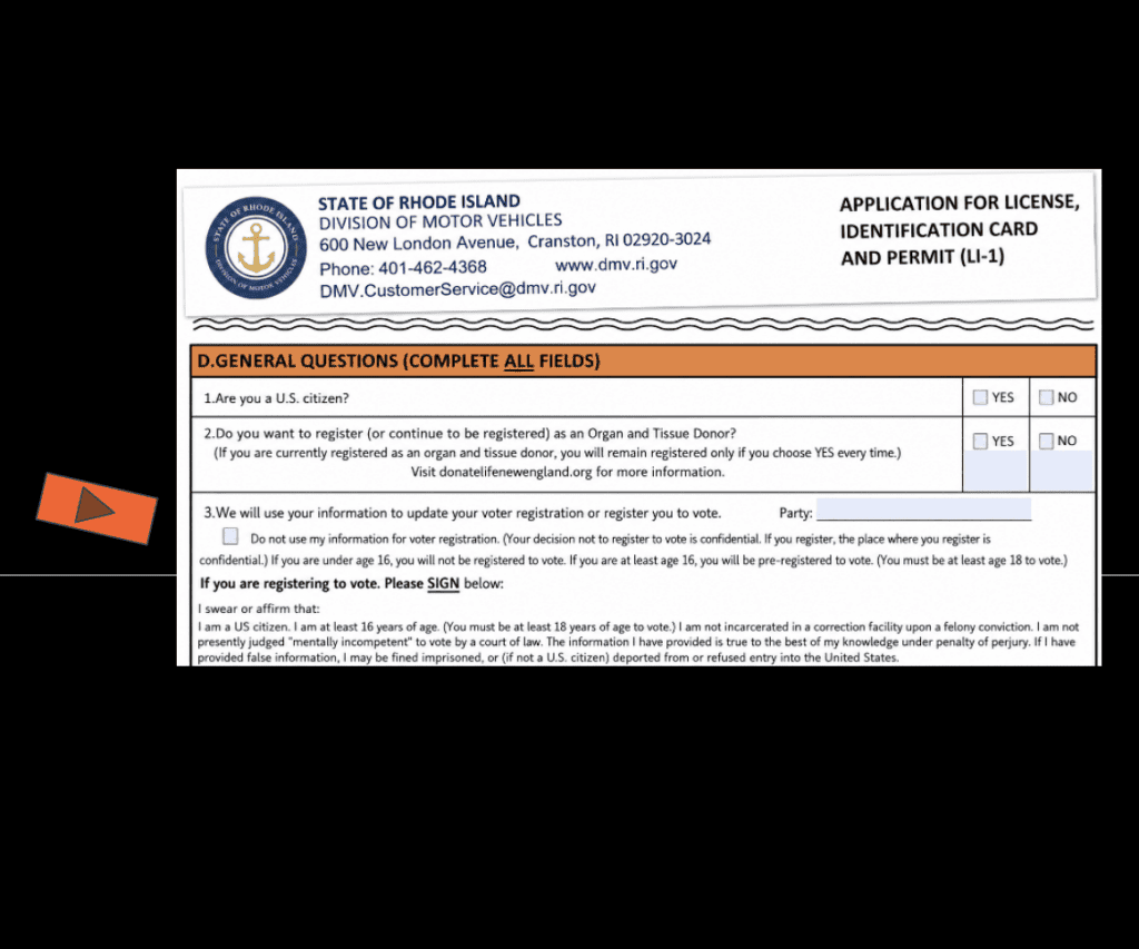 Rhode Island DMV application showing citizenship and voter-registration questions