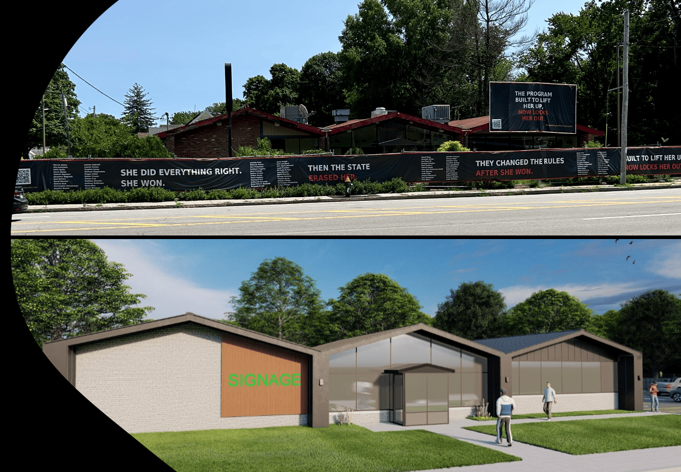 Conceptual rendering and current photograph of the former Pizza Hut proposed for a cannabis store on Reservoir Avenue in Cranston