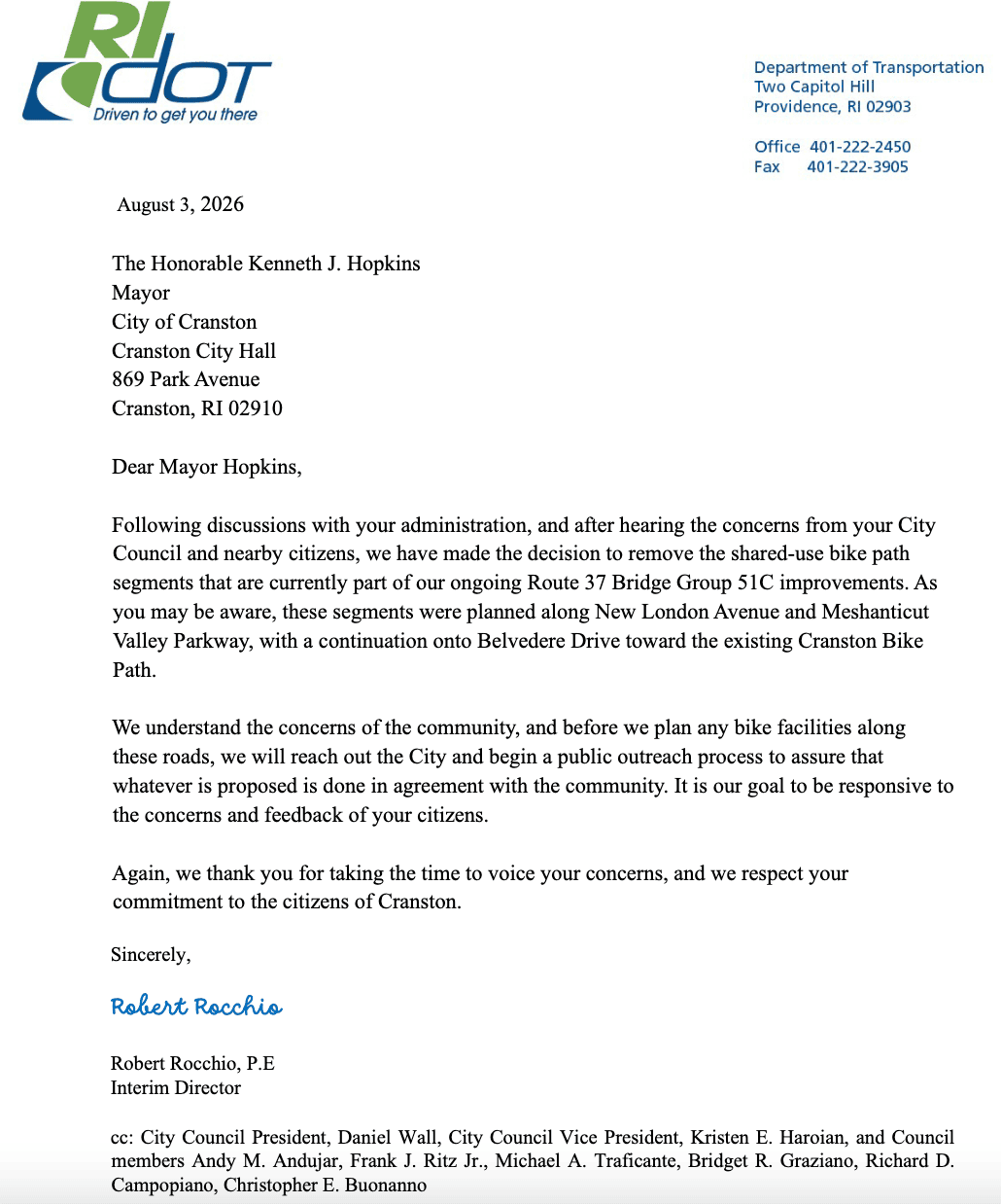 August 3 RIDOT letter removing the proposed Cranston bicycle facilities along New London Avenue, Meshanticut Valley Parkway and Belvedere Drive.