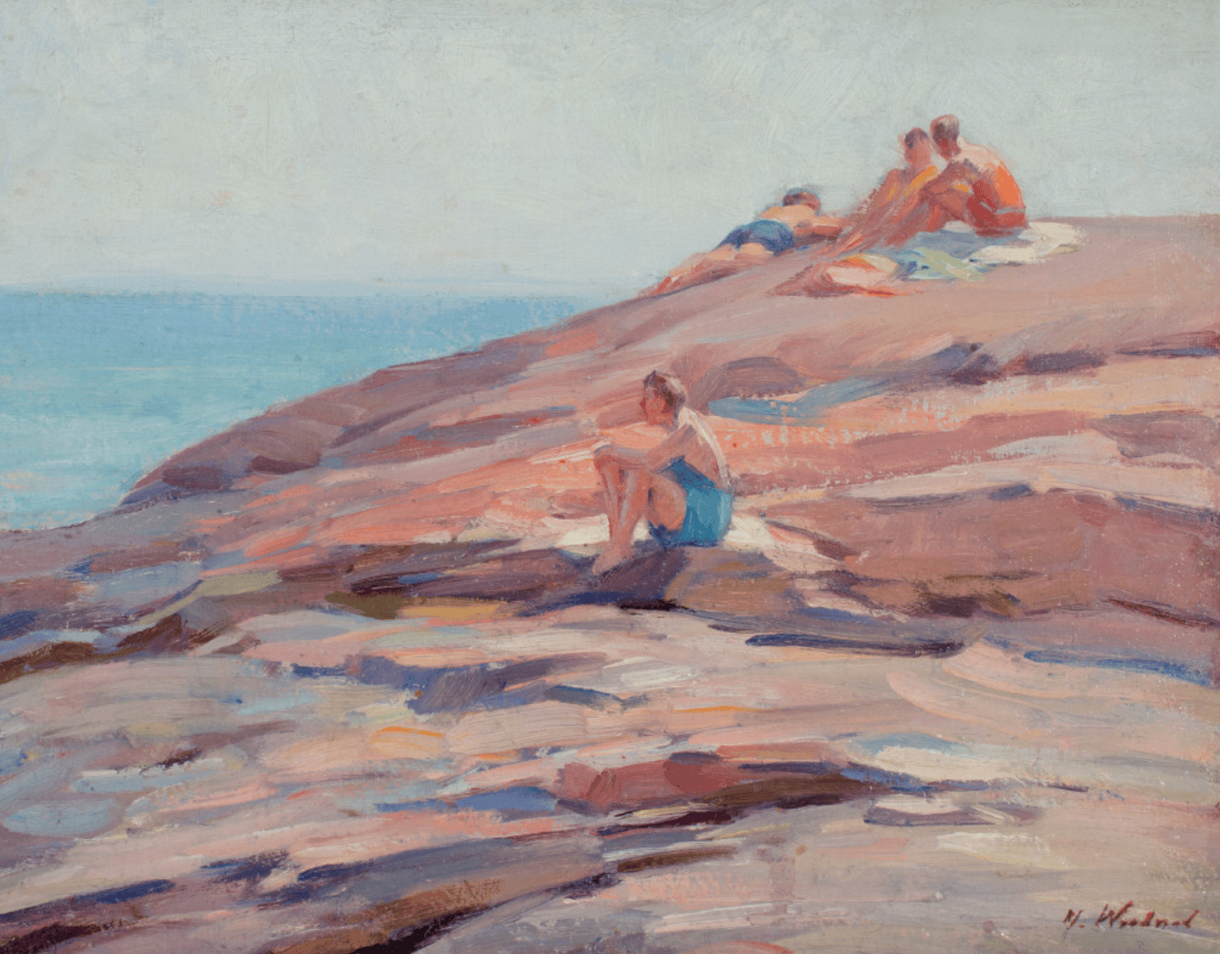 Mabel May Woodward (American, 1877-1945)
On the Rocks, c. 1910s–1920s
Oil on board
Darin R. Leese Family Collection

