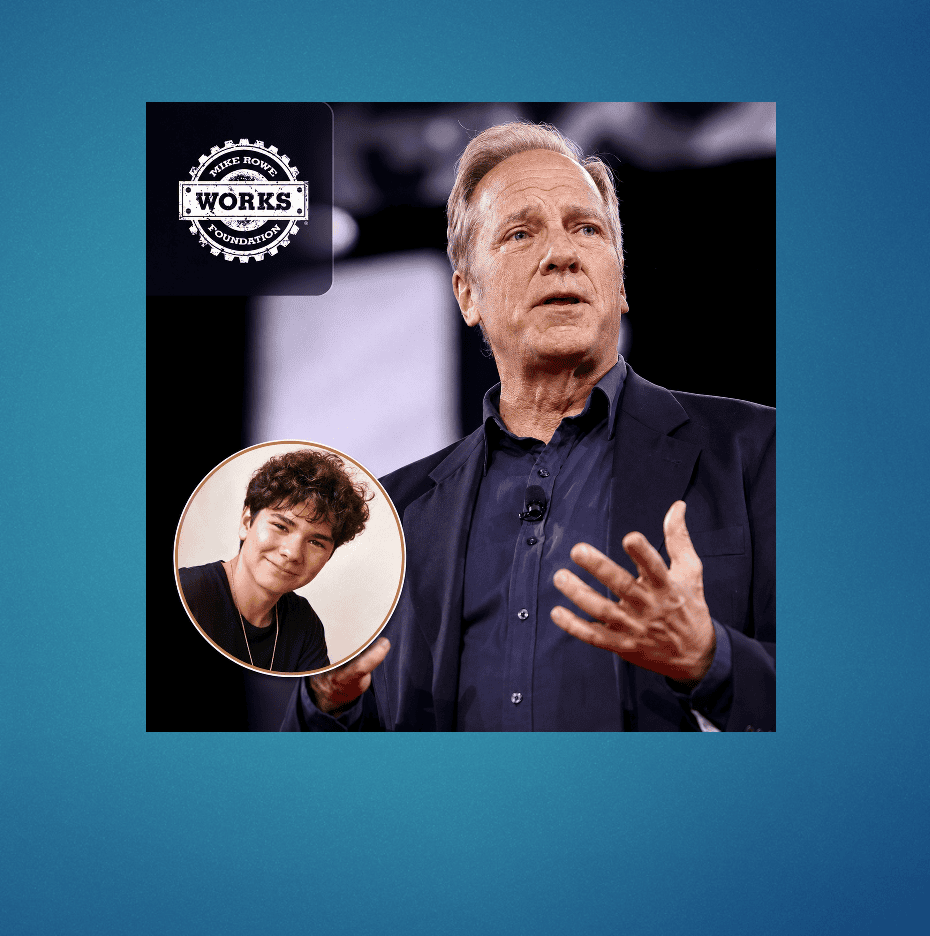 Mike Rowe with scholarship recipient Julian Barcelos. Rowe photo by Gage Skidmore/Wikimedia Commons, CC BY-SA 3.0; Julian photo courtesy of Manuela Barcelos; graphic adapted by RINewsToday.