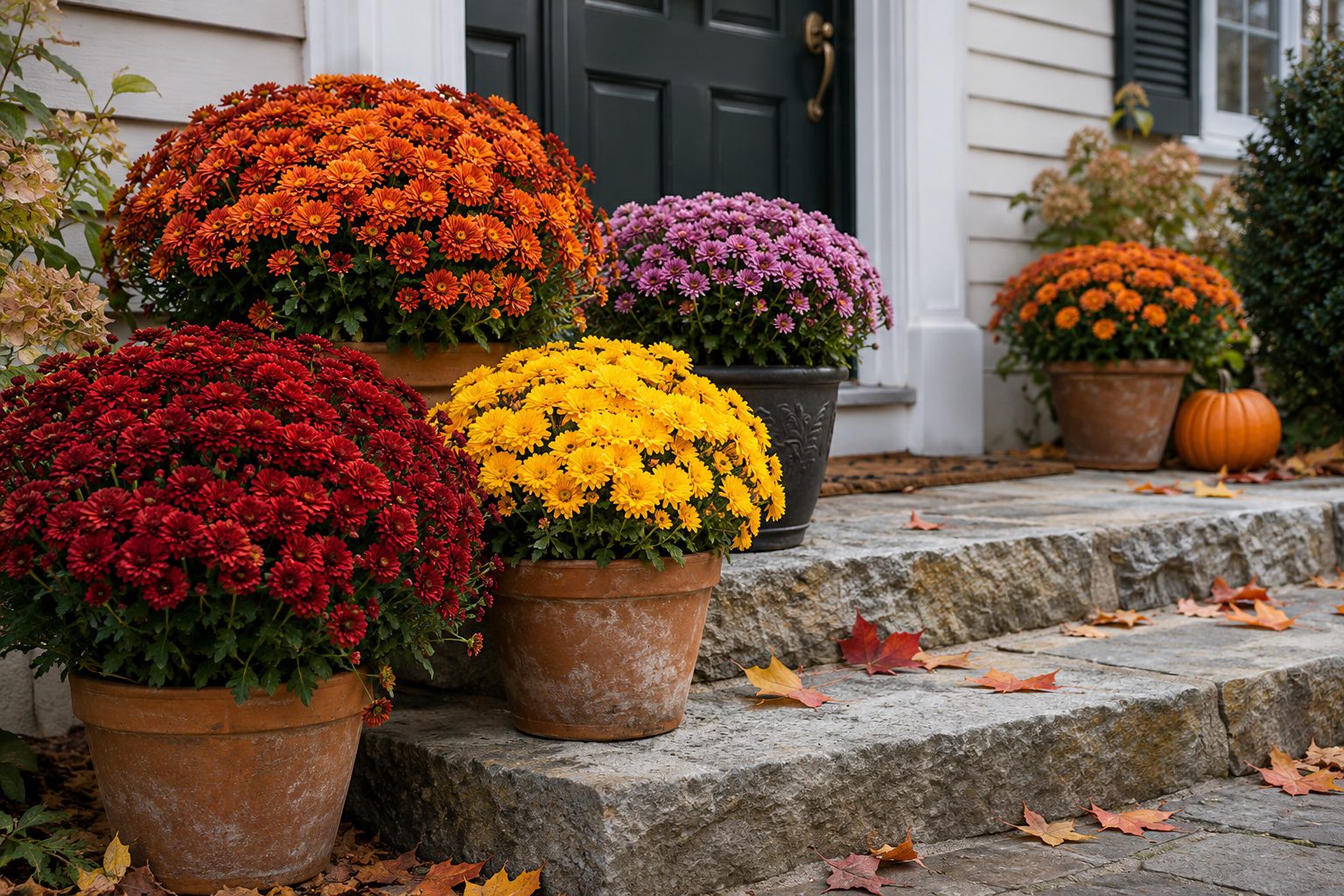 Autumn mums on a New England doorstep
