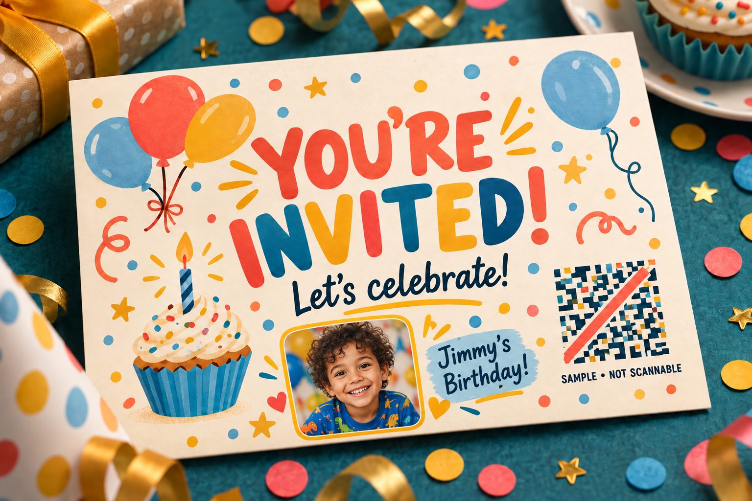 Jimmy’s colorful birthday invitation with balloons