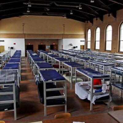 A large room with many beds.