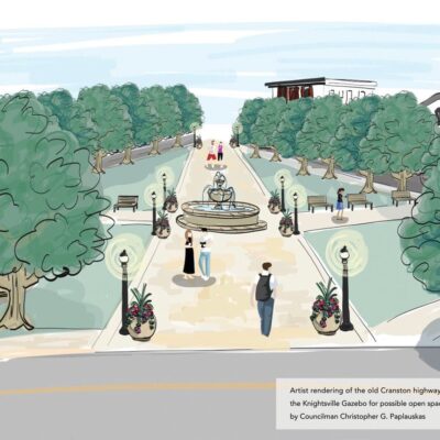 An artist's rendering of a park with trees and a fountain.