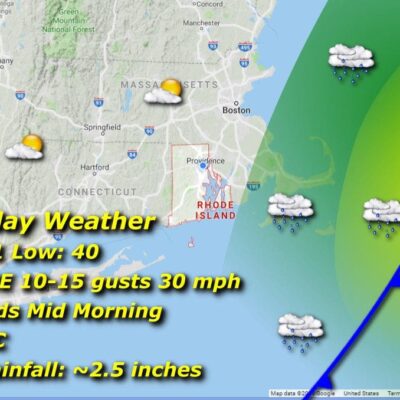 A map showing the Rhode Island weather for Thursday.