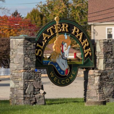 A sign featuring the name "Slater Park.