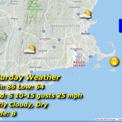 Saturday weather forecast showing cloudy skies and mild temperatures in Rhode Island.